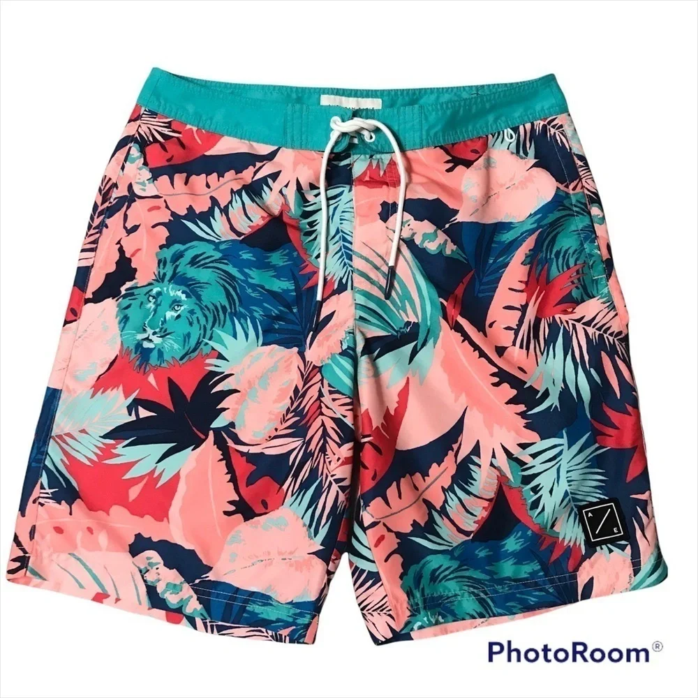 AMERICAN EAGLE / Men’s Lion/Jungle Tropical Print Swim Board Shorts Size M